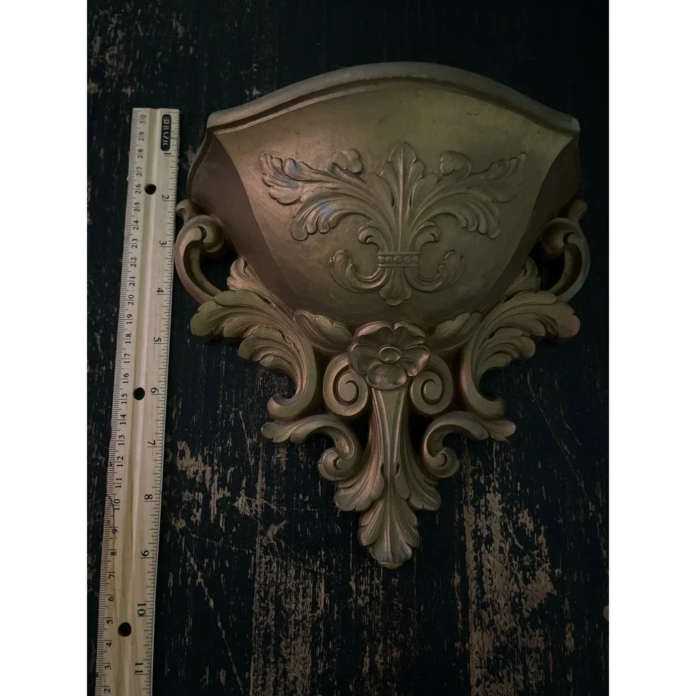 Vintage Gold Ornate Wall Pocket Shelf Scrolled Fleur De Lis Decorative Corbel